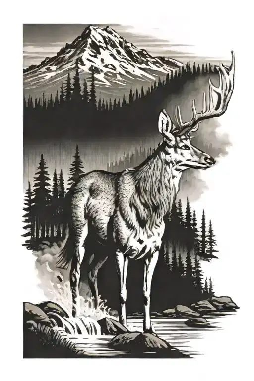 mt hood with buck deer and rainbow trout  tattoo design idea