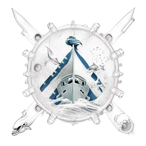 underwater shipwreck with a diver down flag and a usa flag on the ship, with dolphins and hammerhead sharks and a scuba  tattoo design idea