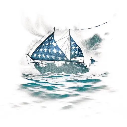 underwater shipwreck with a diver down flag and a usa flag on the ship, with dolphins and hammerhead sharks and a scuba  tattoo design idea