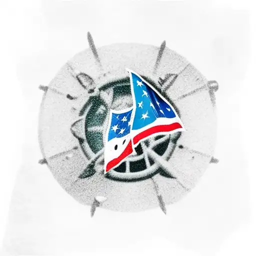 underwater shipwreck with a diver down flag and a usa flag on the ship, with dolphins and hammerhead sharks and a scuba  tattoo design idea