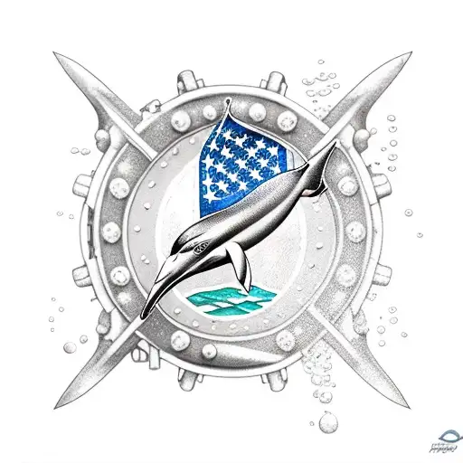 underwater shipwreck with a diver down flag and a usa flag on the ship, with dolphins and hammerhead sharks and a scuba  tattoo design idea