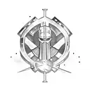 A tattoo design featuring a medieval knight in full armor wielding a futuristic laser gun tattoo design idea