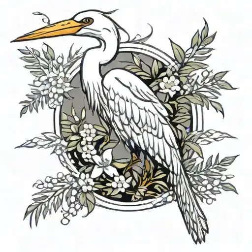 realistic egret surrounded by shrubs tattoo design idea