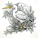 realistic egret surrounded by shrubs tattoo design idea