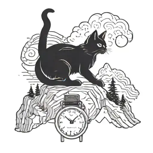 A cat sitting on top of a mountain peak with a watch wrapped around its tail tattoo design idea