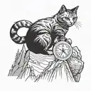 A cat sitting on top of a mountain peak with a watch wrapped around its tail tattoo design idea