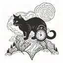 A cat sitting on top of a mountain peak with a watch wrapped around its tail tattoo design idea