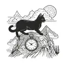 A cat sitting on top of a mountain peak with a watch wrapped around its tail tattoo design idea