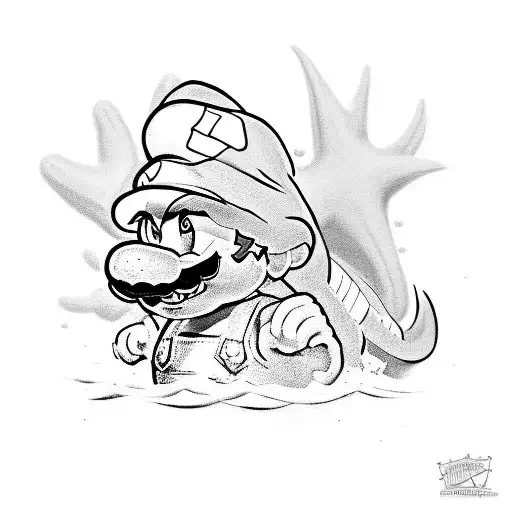 A beach scene with a Mario Bros twist, featuring Bowser as a terrifying sea monster tattoo design idea