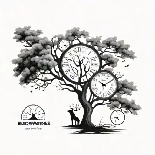 "Create a simple, black and white drawing that reflects the awareness of time, having a tree and a clock, bring the elements together tattoo design idea