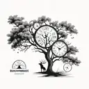 "Create a simple, black and white drawing that reflects the awareness of time, having a tree and a clock, bring the elements together tattoo design idea