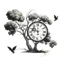 "Create a simple, black and white drawing that reflects the awareness of time, having a tree and a clock, bring the elements together tattoo design idea