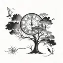 "Create a simple, black and white drawing that reflects the awareness of time, having a tree and a clock, bring the elements together tattoo design idea