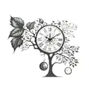 "Create a simple, black and white drawing that reflects the awareness of time, having a tree and a clock, bring the elements together tattoo design idea
