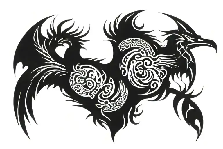 symmetrical dragon and phoenix facing away from each other tattoo design idea