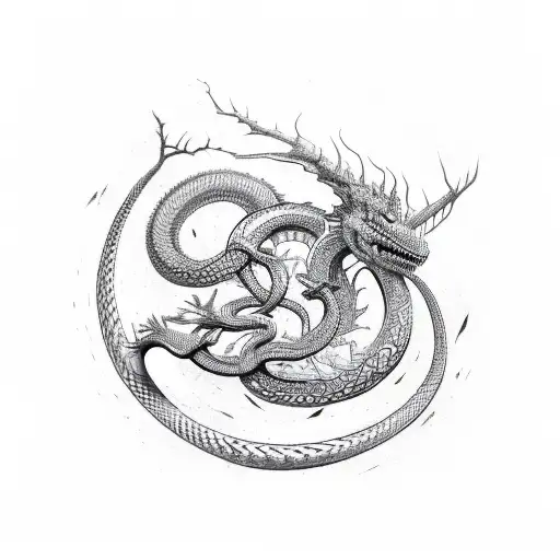A detailed sketch of Jormungand, the serpent from Norse mythology, coiling around a chessboard tattoo design idea