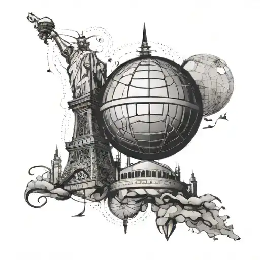 A basketball globe surrounded by architectural landmarks from around the world, representing your passion for travel and civil engineering tattoo design idea
