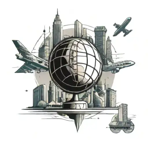 A basketball globe surrounded by architectural landmarks from around the world, representing your passion for travel and civil engineering tattoo design idea