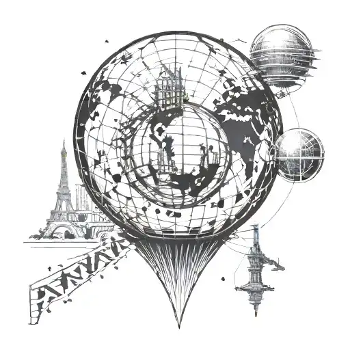 A basketball globe surrounded by architectural landmarks from around the world, representing your passion for travel and civil engineering tattoo design idea