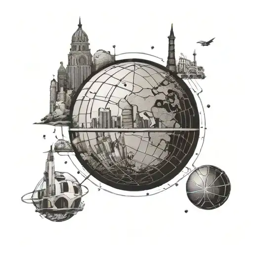 A basketball globe surrounded by architectural landmarks from around the world, representing your passion for travel and civil engineering tattoo design idea