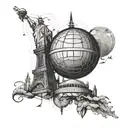 A basketball globe surrounded by architectural landmarks from around the world, representing your passion for travel and civil engineering tattoo design idea