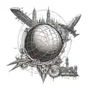 A basketball globe surrounded by architectural landmarks from around the world, representing your passion for travel and civil engineering tattoo design idea