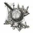 A basketball globe surrounded by architectural landmarks from around the world, representing your passion for travel and civil engineering tattoo design idea