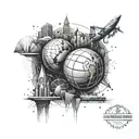 A basketball globe surrounded by architectural landmarks from around the world, representing your passion for travel and civil engineering tattoo design idea