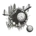 A basketball globe surrounded by architectural landmarks from around the world, representing your passion for travel and civil engineering tattoo design idea