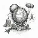 A basketball globe surrounded by architectural landmarks from around the world, representing your passion for travel and civil engineering tattoo design idea