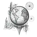A basketball globe surrounded by architectural landmarks from around the world, representing your passion for travel and civil engineering tattoo design idea