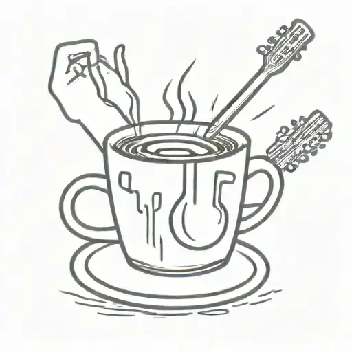 A coffee cup with a radiohead logo as the steam, surrounded by a blackwork guitar and zombie hands reaching out tattoo design idea