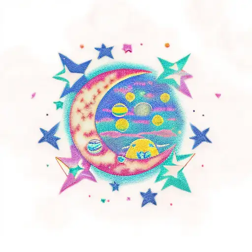 moon surrounded by two stars tattoo design idea