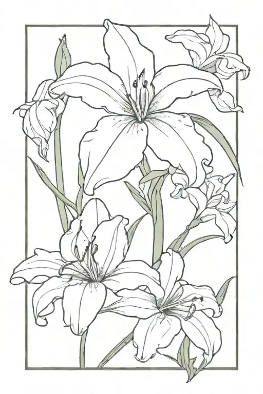 lilium and iris flower, line art fine, minimalist tattoo design idea