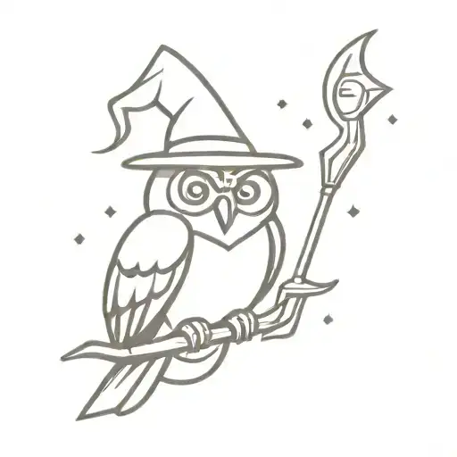 owl with magic hat and wizard staff tattoo design idea