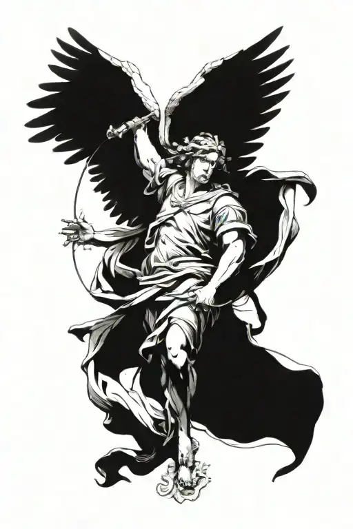 Biblical and renaissance sculpture dynamic Angel tattoo design idea