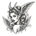 a pin up girl with gargoyle horns and wings  close up looking forward tattoo design idea