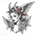 a pin up girl with gargoyle horns and wings  close up looking forward tattoo design idea
