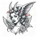 a pin up girl with gargoyle horns and wings  close up looking forward tattoo design idea