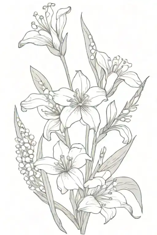 bouquet with 1 aster, 1 iris, 1 daffodil and 1 lily of the valley  tattoo design idea