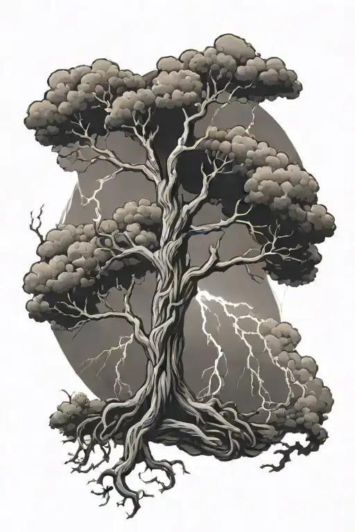 zues, tree of life, lightning storm clouds with lightning tattoo design idea