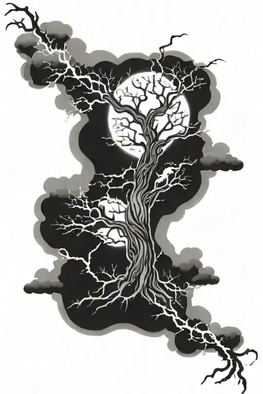 angry zues, tree of life, lightning storm clouds with lightning tattoo design idea
