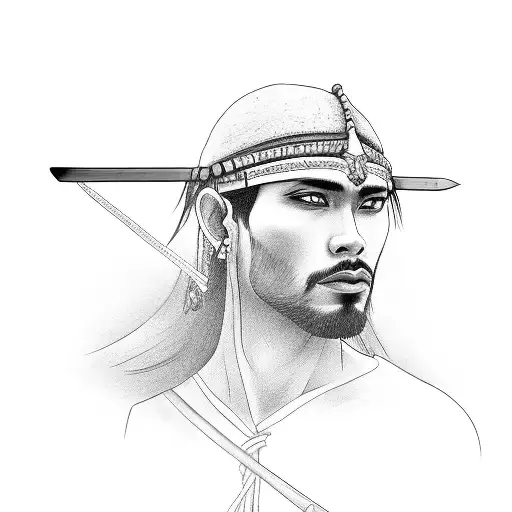 side view of male samuri wearing straw jingasa and holding a samuri sword  tattoo design idea