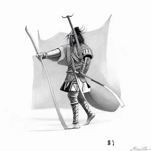 side view of samuri wearing straw jingasa and holding a samuri sword  tattoo design idea