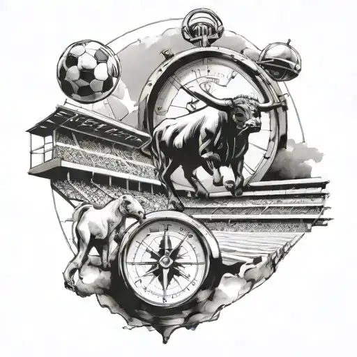 Incorporate a compass and clock into a football stadium scene with a hint of Lamborghini bull symbolism tattoo design idea
