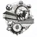 Incorporate a compass and clock into a football stadium scene with a hint of Lamborghini bull symbolism tattoo design idea
