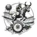 Incorporate a compass and clock into a football stadium scene with a hint of Lamborghini bull symbolism tattoo design idea