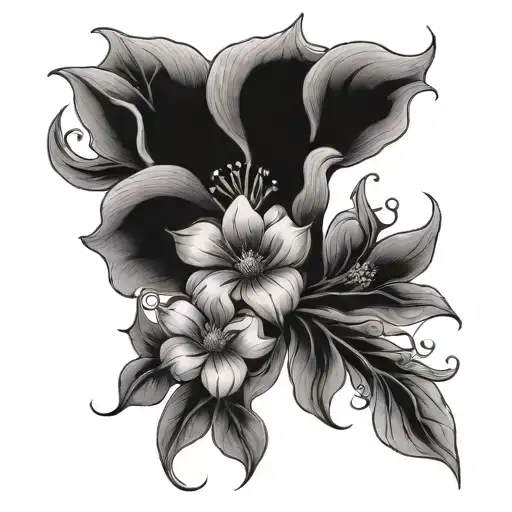 A black-grey tattoo of Anna's favorite flower intertwined with a mother-child symbol tattoo design idea