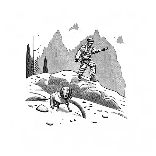 A soldier climbing a mountain with a Dachshund by his side tattoo design idea