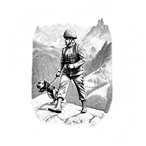 A soldier climbing a mountain with a Dachshund by his side tattoo design idea